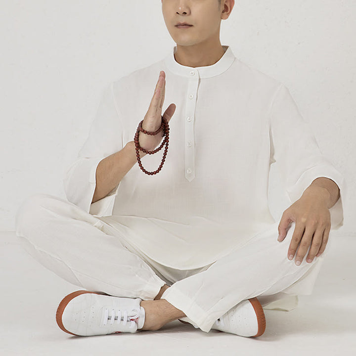 Conjunto de ropa de lino y algodón para hombre, camisa de manga tres cuartos con botones, 2 uds., Buddha Stones, pantalones superiores, meditación Zen Tai Chi