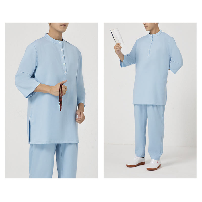 Conjunto de ropa de lino y algodón para hombre, camisa de manga tres cuartos con botones, 2 uds., Buddha Stones, pantalones superiores, meditación Zen Tai Chi
