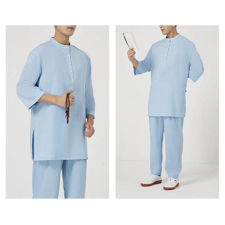 Conjunto de ropa de lino y algodón para hombre, camisa de manga tres cuartos con botones, 2 uds., Buddha Stones, pantalones superiores, meditación Zen Tai Chi