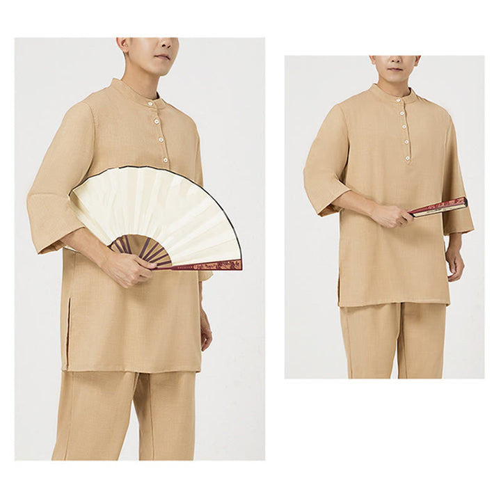 Conjunto de ropa de lino y algodón para hombre, camisa de manga tres cuartos con botones, 2 uds., Buddha Stones, pantalones superiores, meditación Zen Tai Chi