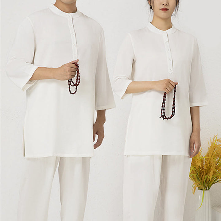 Conjunto de ropa de lino y algodón para hombre, camisa de manga tres cuartos con botones, 2 uds., Buddha Stones, pantalones superiores, meditación Zen Tai Chi