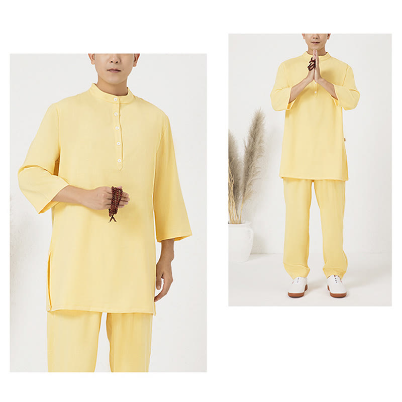 Conjunto de ropa de lino y algodón para hombre, camisa de manga tres cuartos con botones, 2 uds., Buddha Stones, pantalones superiores, meditación Zen Tai Chi