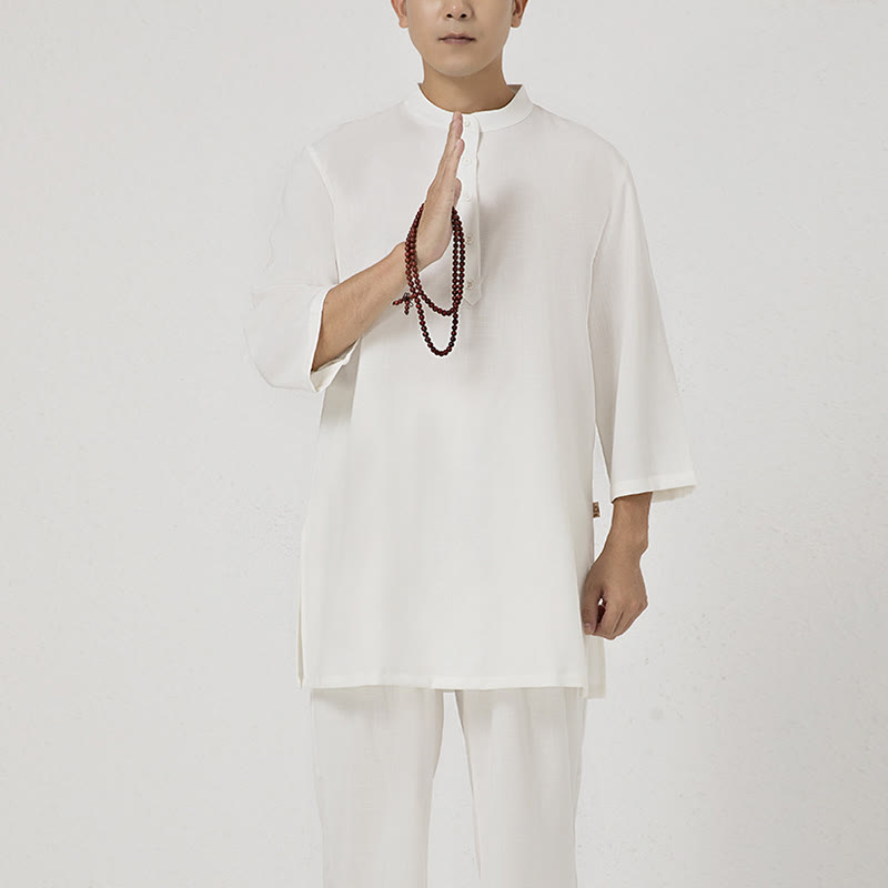 Conjunto de ropa de lino y algodón para hombre, camisa de manga tres cuartos con botones, 2 uds., Buddha Stones, pantalones superiores, meditación Zen Tai Chi