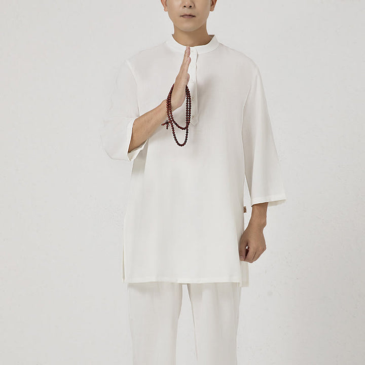Conjunto de ropa de lino y algodón para hombre, camisa de manga tres cuartos con botones, 2 uds., Buddha Stones, pantalones superiores, meditación Zen Tai Chi