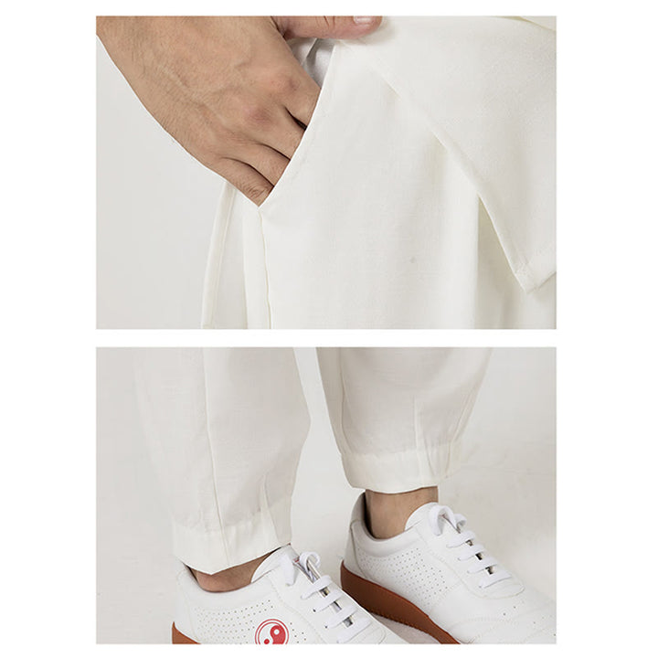 Conjunto de ropa de lino y algodón para hombre, camisa de manga tres cuartos con botones, 2 uds., Buddha Stones, pantalones superiores, meditación Zen Tai Chi