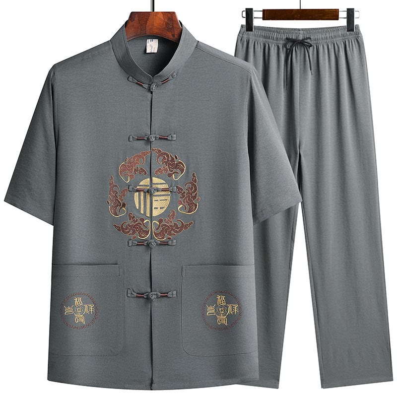 Buddha Stones Fu personaje Tang traje Hanfu uniforme tradicional manga corta Top pantalones ropa conjunto para hombres - Gris (Top y pantalón) - US/UK/AU42, EU52 (3XL)  - image 0
