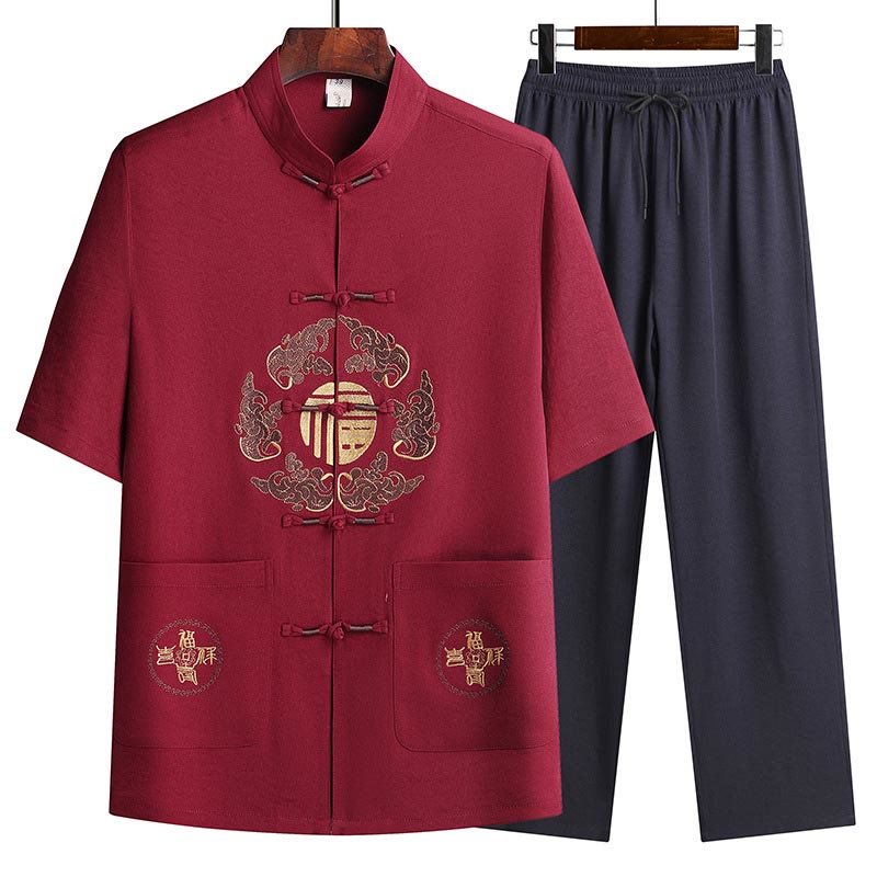 Buddha Stones Fu personaje Tang traje Hanfu uniforme tradicional manga corta Top pantalones ropa conjunto para hombres - Rojo (Top y pantalón) - US/UK/AU42, EU52 (3XL)  - image 21