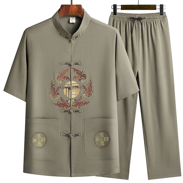 Buddha Stones Fu personaje Tang traje Hanfu uniforme tradicional manga corta Top pantalones ropa conjunto para hombres - Verde militar (camiseta y pantalón) - US/UK/AU42, EU52 (3XL)  - image 24