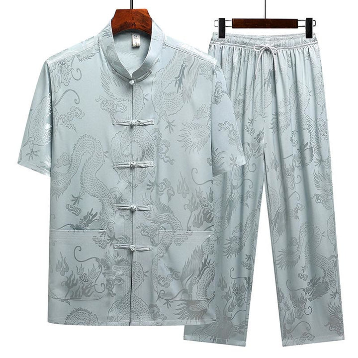 Traje Tang con diseño de dragón y Buddha Stones, uniforme tradicional Hanfu, Top de manga corta, pantalones, ropa, conjunto para hombre - Azul grisáceo (parte superior y pantalón) - US/UK/AU44, EU54 (4XL) - image 0