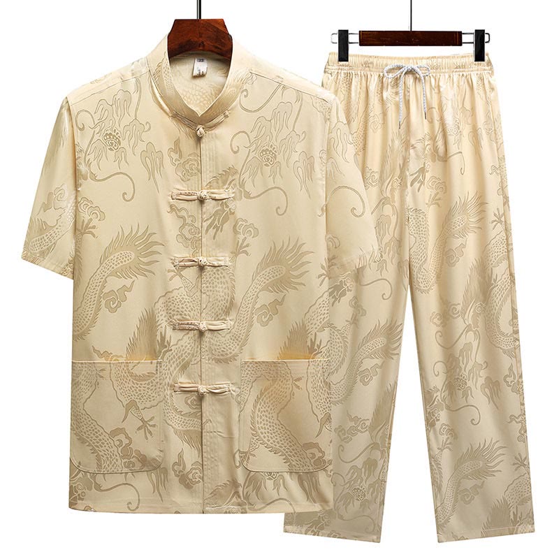 Traje Tang con diseño de dragón y Buddha Stones, uniforme tradicional Hanfu, Top de manga corta, pantalones, ropa, conjunto para hombre - Beige (Top y pantalones) - US/UK/AU44, EU54 (4XL) - image 14