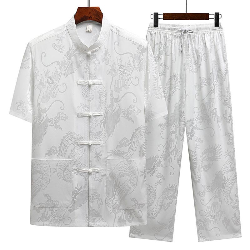 Traje Tang con diseño de dragón y Buddha Stones, uniforme tradicional Hanfu, Top de manga corta, pantalones, ropa, conjunto para hombre - Blanco (Top y pantalón) - US/UK/AU44, EU54 (4XL) - image 16