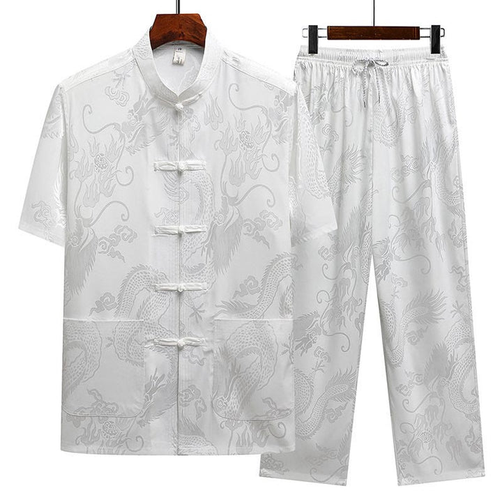 Traje Tang con diseño de dragón y Buddha Stones, uniforme tradicional Hanfu, Top de manga corta, pantalones, ropa, conjunto para hombre - Blanco (Top y pantalón) - US/UK/AU44, EU54 (4XL) - image 16