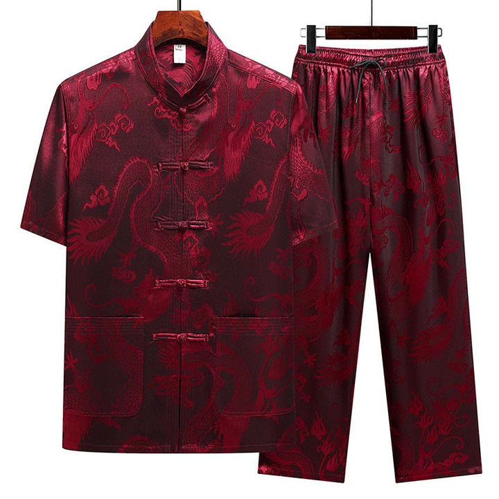 Traje Tang con diseño de dragón y Buddha Stones, uniforme tradicional Hanfu, Top de manga corta, pantalones, ropa, conjunto para hombre - Rojo (Top y pantalones) - US/UK/AU44, EU54 (4XL) - image 20
