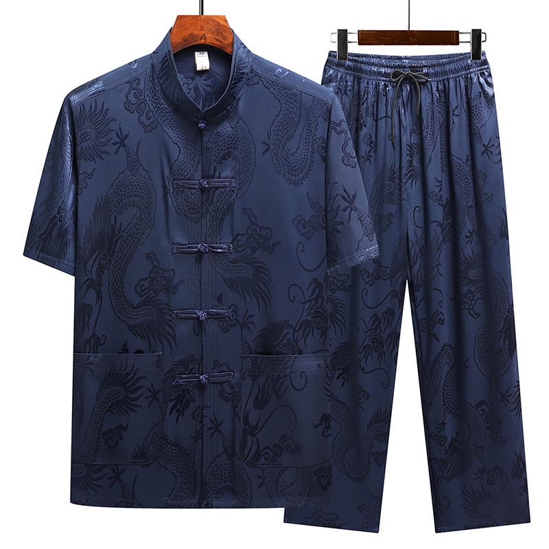 Traje Tang con diseño de dragón y Buddha Stones, uniforme tradicional Hanfu, Top de manga corta, pantalones, ropa, conjunto para hombre - Azul marino (Top y pantalones) - US/UK/AU44, EU54 (4XL) - image 23