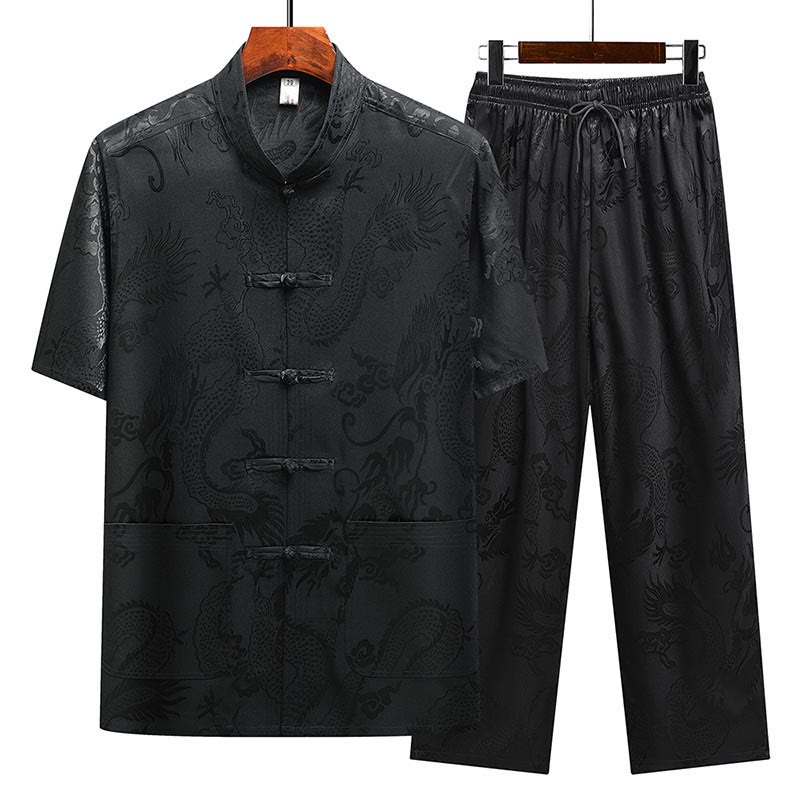 Traje Tang con diseño de dragón y Buddha Stones, uniforme tradicional Hanfu, Top de manga corta, pantalones, ropa, conjunto para hombre - Negro (Top y pantalón) - US/UK/AU44, EU54 (4XL) - image 25
