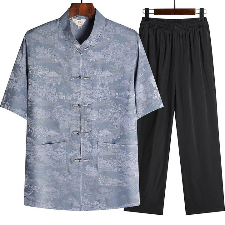 Conjunto de ropa para hombre , traje Tang de jardín con piedras de pino, pabellón de pino, uniforme tradicional Hanfu, Top de manga corta y pantalones - Gris - Top y pantalones - US/UK/AU44, EU54 (4XL) - image 0
