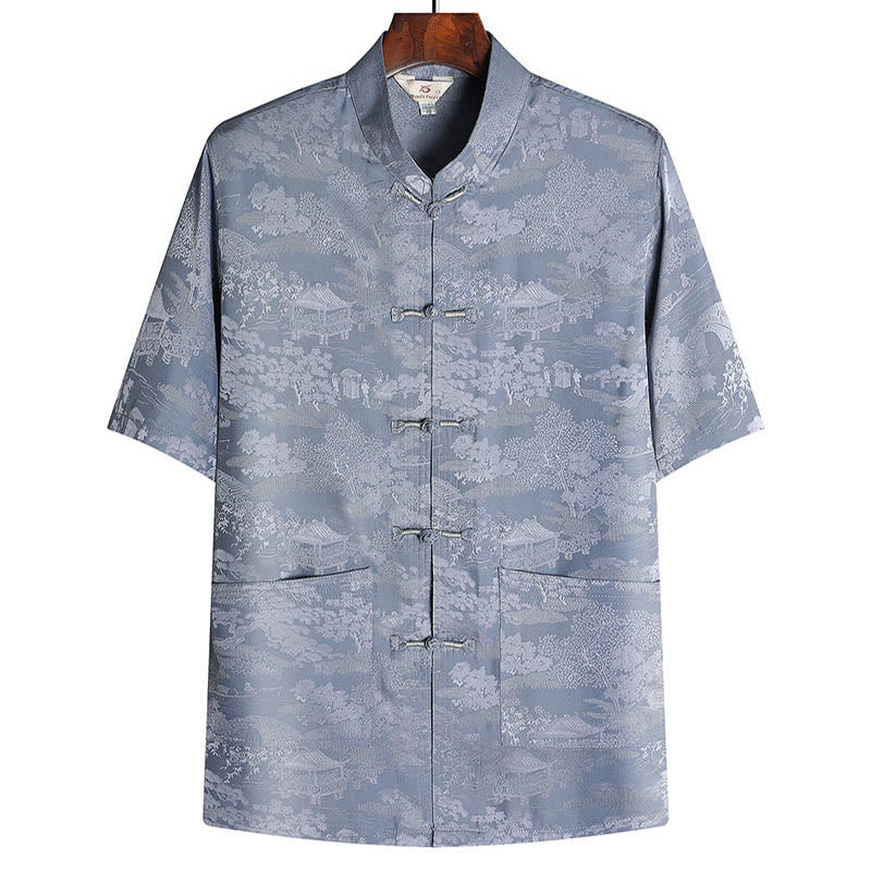 Conjunto de ropa para hombre , traje Tang de jardín con piedras de pino, pabellón de pino, uniforme tradicional Hanfu, Top de manga corta y pantalones - Gris - Arriba - US/UK/AU44, EU54 (4XL) - image 1