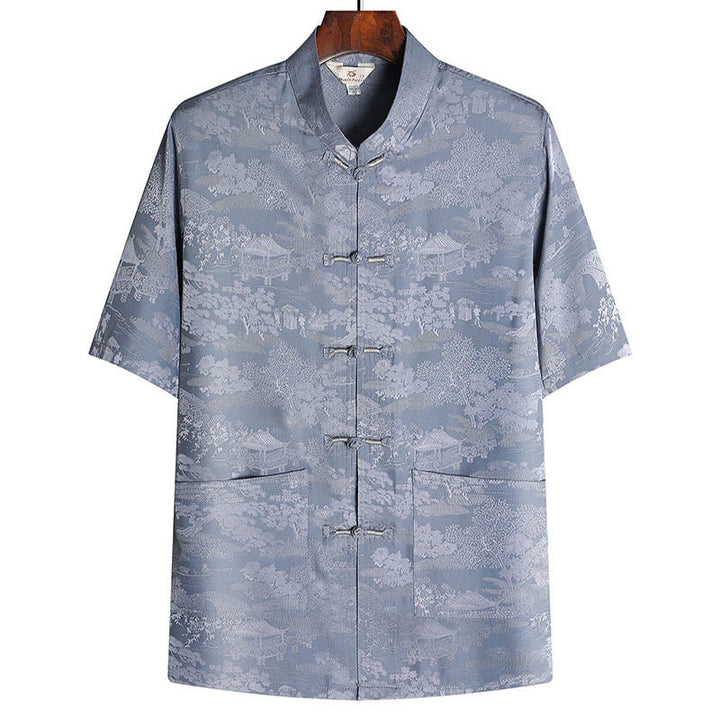 Conjunto de ropa para hombre , traje Tang de jardín con piedras de pino, pabellón de pino, uniforme tradicional Hanfu, Top de manga corta y pantalones - Gris - Arriba - US/UK/AU44, EU54 (4XL) - image 1