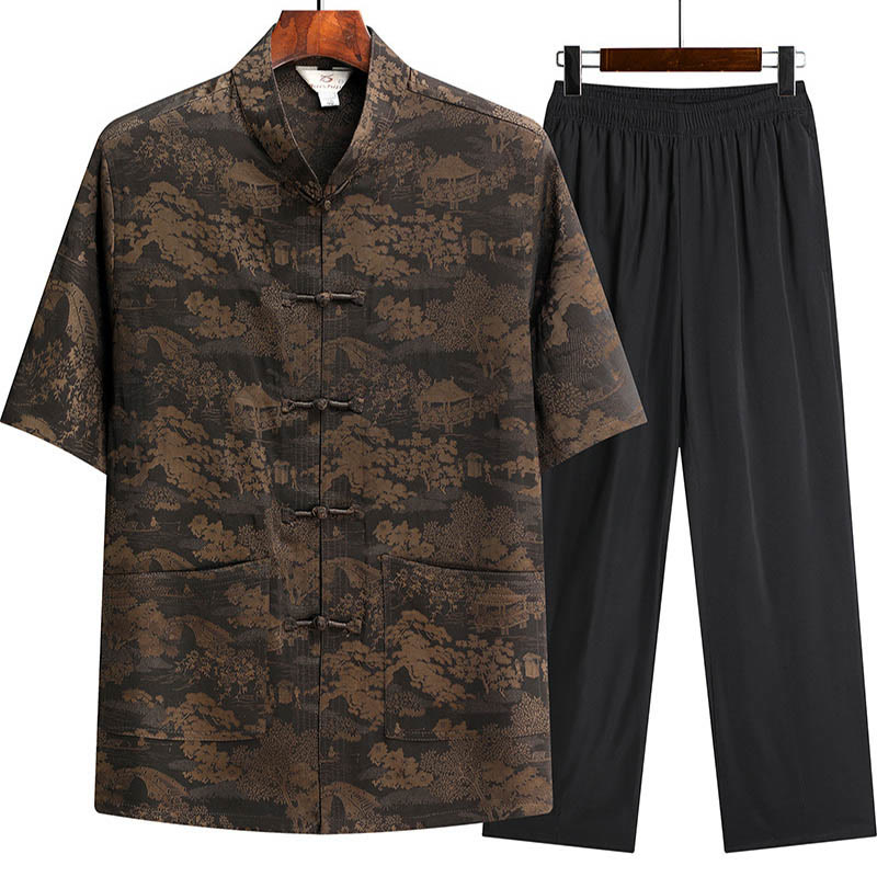 Conjunto de ropa para hombre , traje Tang de jardín con piedras de pino, pabellón de pino, uniforme tradicional Hanfu, Top de manga corta y pantalones - Marrón - Top y pantalones - US/UK/AU44, EU54 (4XL) - image 2