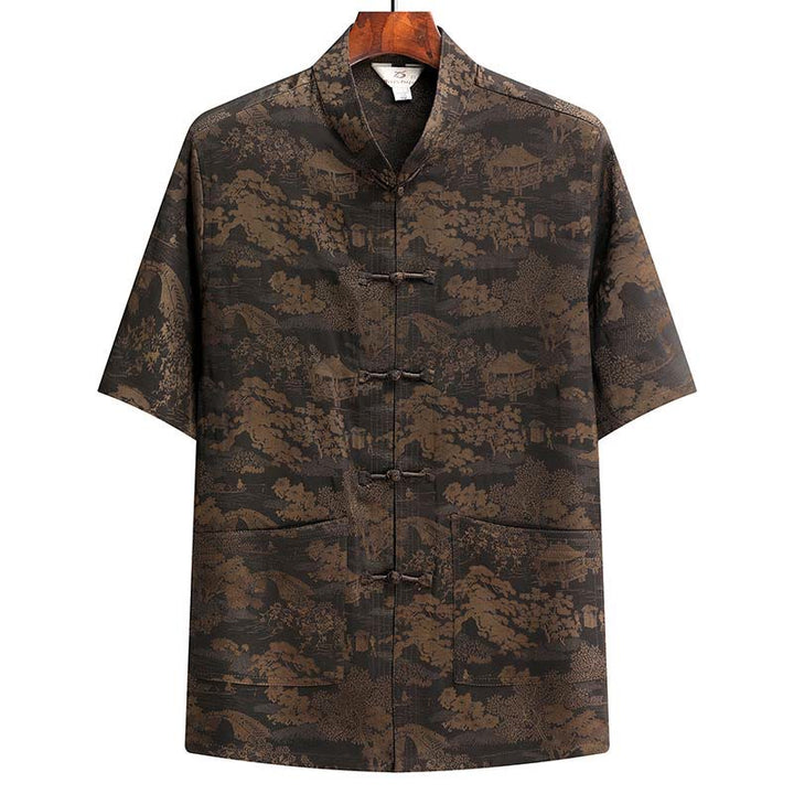 Conjunto de ropa para hombre , traje Tang de jardín con piedras de pino, pabellón de pino, uniforme tradicional Hanfu, Top de manga corta y pantalones - Marrón - Arriba - US/UK/AU44, EU54 (4XL) - image 3