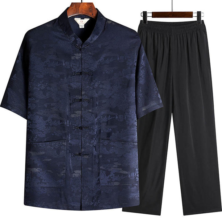 Conjunto de ropa para hombre , traje Tang de jardín con piedras de pino, pabellón de pino, uniforme tradicional Hanfu, Top de manga corta y pantalones - Azul marino - Top y pantalones - US/UK/AU44, EU54 (4XL) - image 9