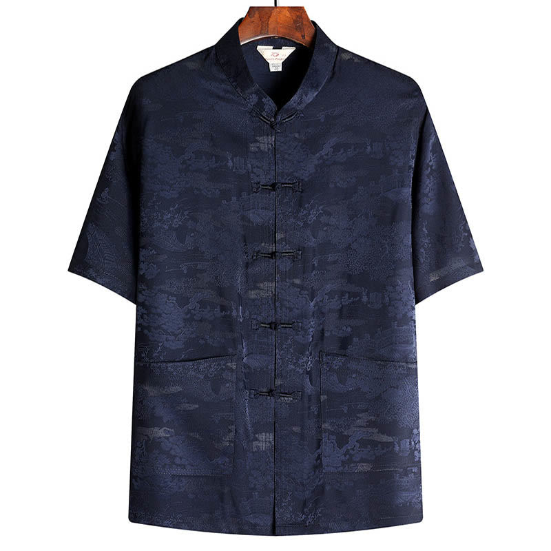 Conjunto de ropa para hombre , traje Tang de jardín con piedras de pino, pabellón de pino, uniforme tradicional Hanfu, Top de manga corta y pantalones - Azul marino - Arriba - US/UK/AU44, EU54 (4XL) - image 10