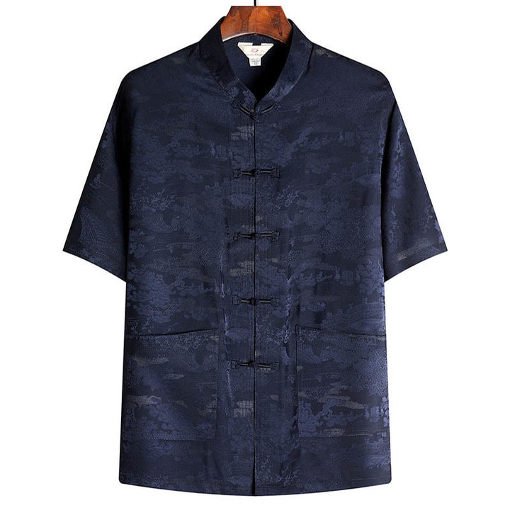 Conjunto de ropa para hombre , traje Tang de jardín con piedras de pino, pabellón de pino, uniforme tradicional Hanfu, Top de manga corta y pantalones - Azul marino - Arriba - US/UK/AU44, EU54 (4XL) - image 10