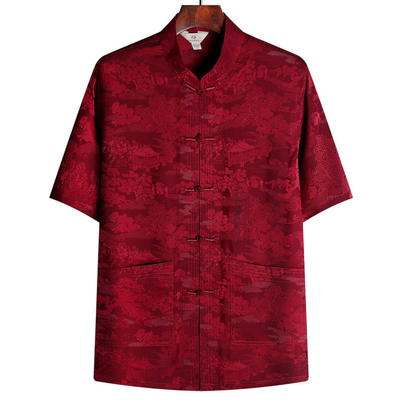 Conjunto de ropa para hombre , traje Tang de jardín con piedras de pino, pabellón de pino, uniforme tradicional Hanfu, Top de manga corta y pantalones - Rojo - Arriba - US/UK/AU44, EU54 (4XL) - image 12