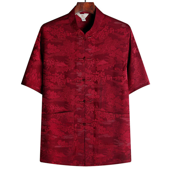 Conjunto de ropa para hombre , traje Tang de jardín con piedras de pino, pabellón de pino, uniforme tradicional Hanfu, Top de manga corta y pantalones - Rojo - Arriba - US/UK/AU44, EU54 (4XL) - image 12