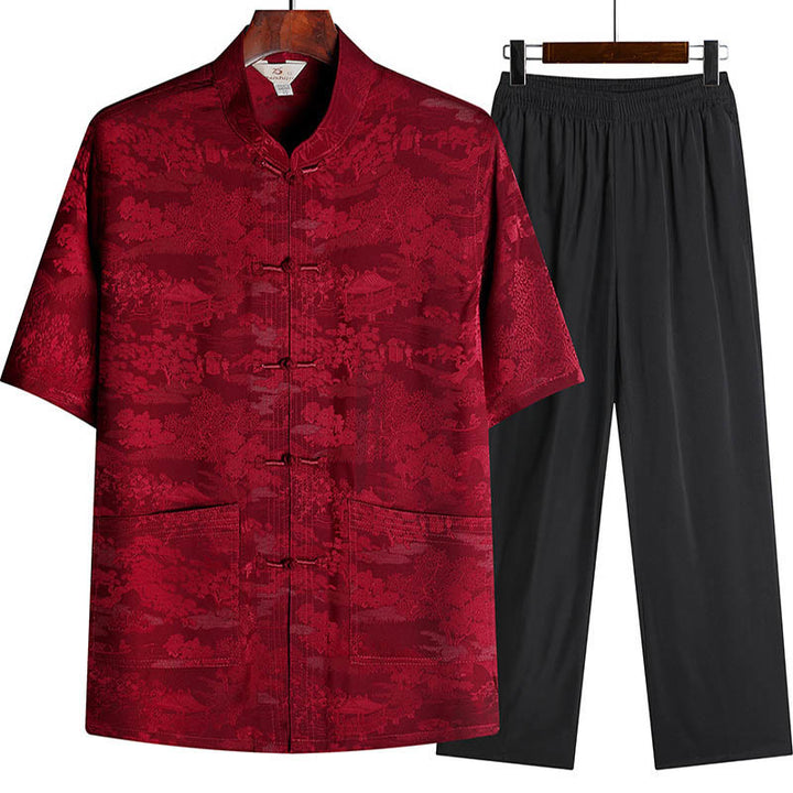 Conjunto de ropa para hombre , traje Tang de jardín con piedras de pino, pabellón de pino, uniforme tradicional Hanfu, Top de manga corta y pantalones - Rojo - Top y pantalones - US/UK/AU44, EU54 (4XL) - image 11
