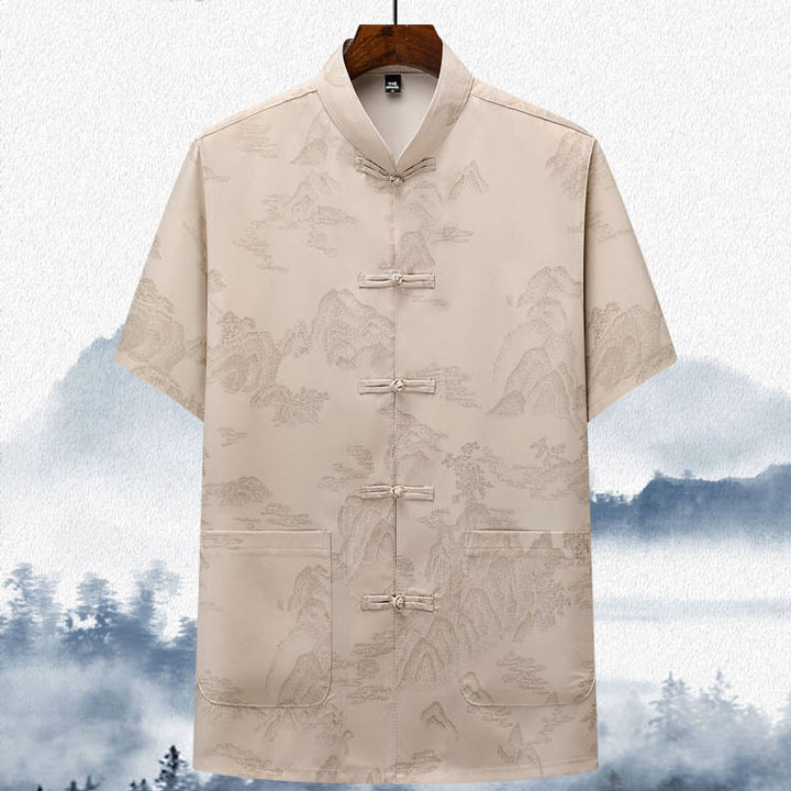 Traje Tang de Buddha Stones, montañas y árboles, uniforme tradicional Hanfu, Top de manga corta, pantalones, conjunto de ropa para hombre - Beige - Arriba - US/UK/AU42, EU52 (3XL)  - image 3
