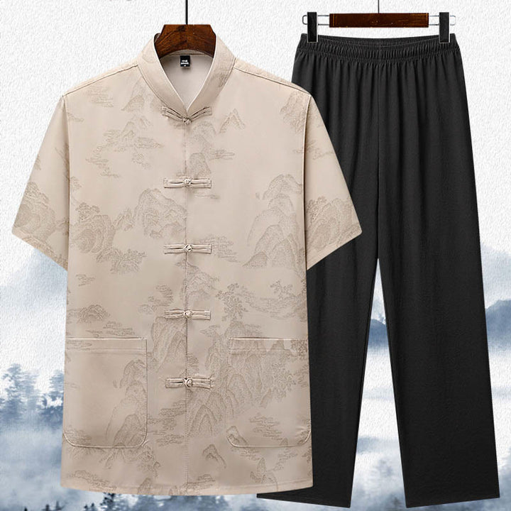 Traje Tang de Buddha Stones, montañas y árboles, uniforme tradicional Hanfu, Top de manga corta, pantalones, conjunto de ropa para hombre - Beige - Top y pantalones - US/UK/AU42, EU52 (3XL)  - image 1