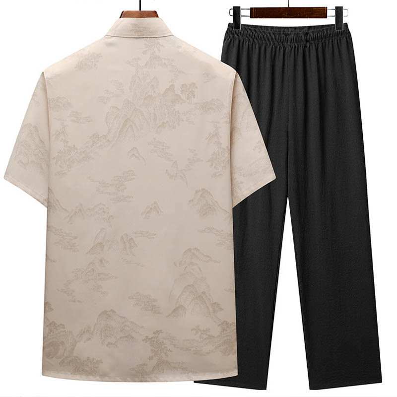 Traje Tang de Buddha Stones, montañas y árboles, uniforme tradicional Hanfu, Top de manga corta, pantalones, conjunto de ropa para hombre - image 1