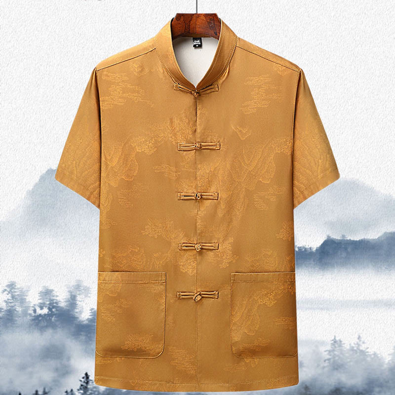 Traje Tang de Buddha Stones, montañas y árboles, uniforme tradicional Hanfu, Top de manga corta, pantalones, conjunto de ropa para hombre - Amarillo - Arriba - US/UK/AU42, EU52 (3XL)  - image 14