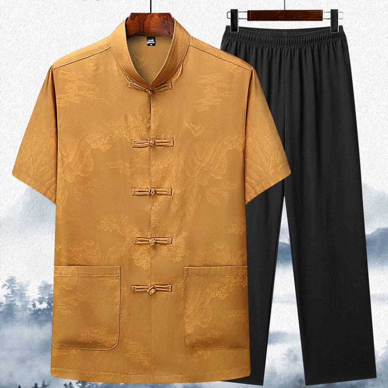 Traje Tang de Buddha Stones, montañas y árboles, uniforme tradicional Hanfu, Top de manga corta, pantalones, conjunto de ropa para hombre - Amarillo - Top y pantalón - US/UK/AU42, EU52 (3XL)  - image 12