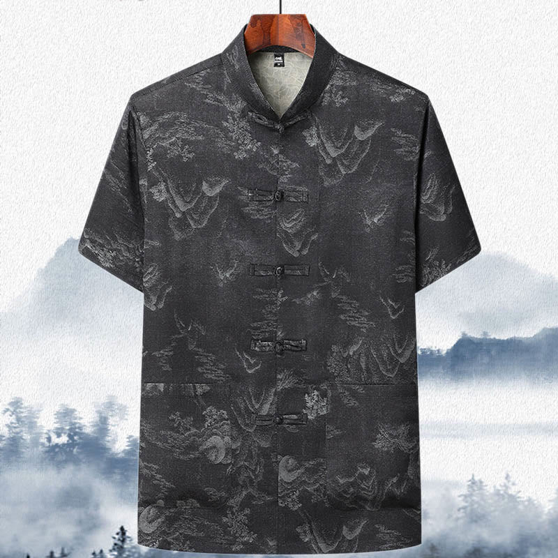 Traje Tang de Buddha Stones, montañas y árboles, uniforme tradicional Hanfu, Top de manga corta, pantalones, conjunto de ropa para hombre - Negro - Arriba - US/UK/AU42, EU52 (3XL)  - image 12