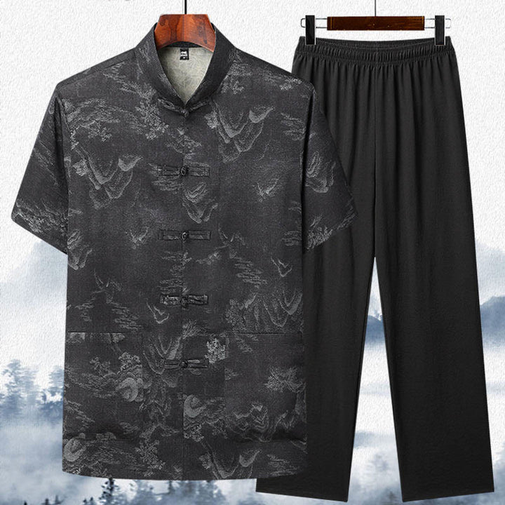 Traje Tang de Buddha Stones, montañas y árboles, uniforme tradicional Hanfu, Top de manga corta, pantalones, conjunto de ropa para hombre - Negro - Top y pantalones - US/UK/AU42, EU52 (3XL)  - image 11