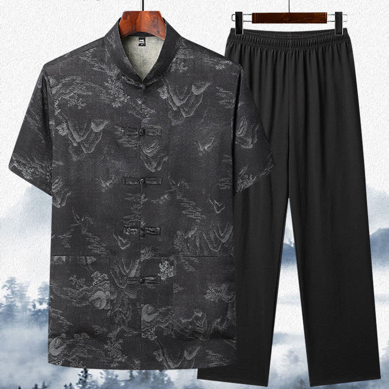 Traje Tang de Buddha Stones, montañas y árboles, uniforme tradicional Hanfu, Top de manga corta, pantalones, conjunto de ropa para hombre - Negro - Top y pantalón - US/UK/AU42, EU52 (3XL)  - image 10