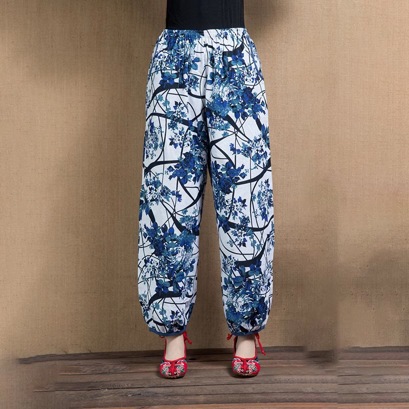 Pantalones harén con bolsillos y estampado de flores de árbol en azul de Buddha Stones - Flores azules - US4-6, UK/AU8-10, EU36-38 (F) - image 6