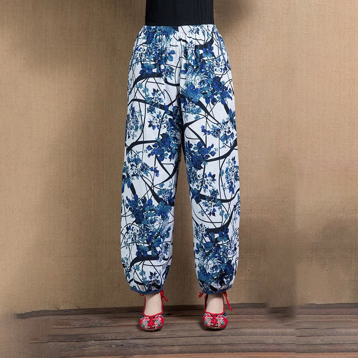 Pantalones harén con bolsillos y estampado de flores de árbol en azul de Buddha Stones - Flores azules - US4-6, UK/AU8-10, EU36-38 (F) - image 6
