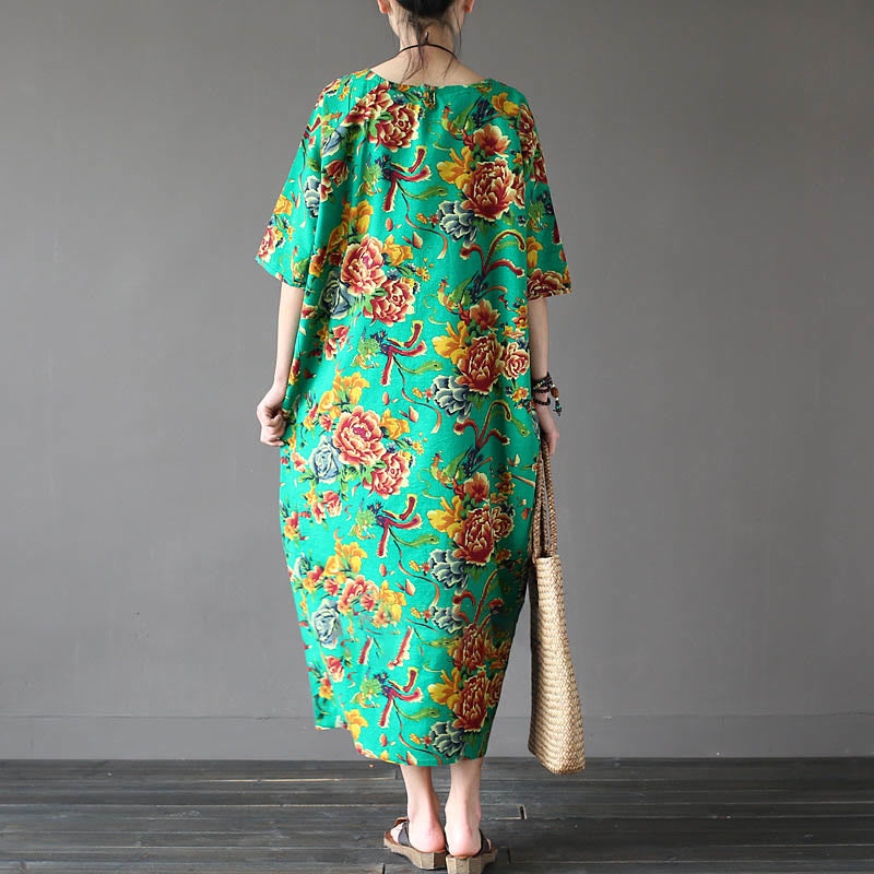 Vestido midi con estampado de flores de peonía roja y Buddha Stones Vestido de lino y algodón de media manga - image 10