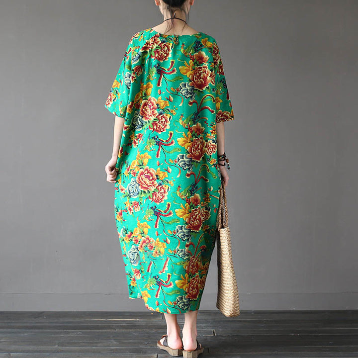 Vestido midi con estampado de flores de peonía roja y Buddha Stones Vestido de lino y algodón de media manga - image 10