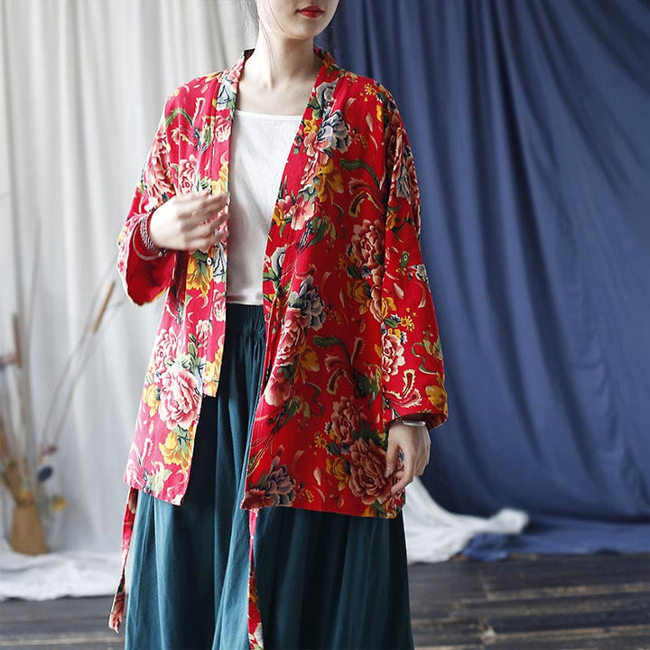 Chaqueta con cordones de lino y algodón con estampado de peonías y flores rojas del noreste de estilo étnico con Buddha Stones