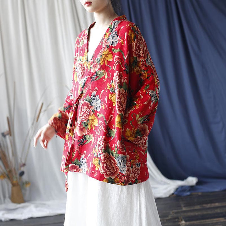 Chaqueta con cordones de lino y algodón con estampado de peonías y flores rojas del noreste de estilo étnico con Buddha Stones