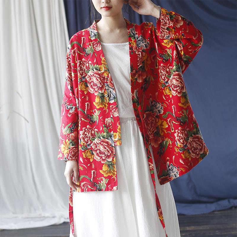 Chaqueta con cordones de lino y algodón con estampado de peonías y flores rojas del noreste de estilo étnico con Buddha Stones