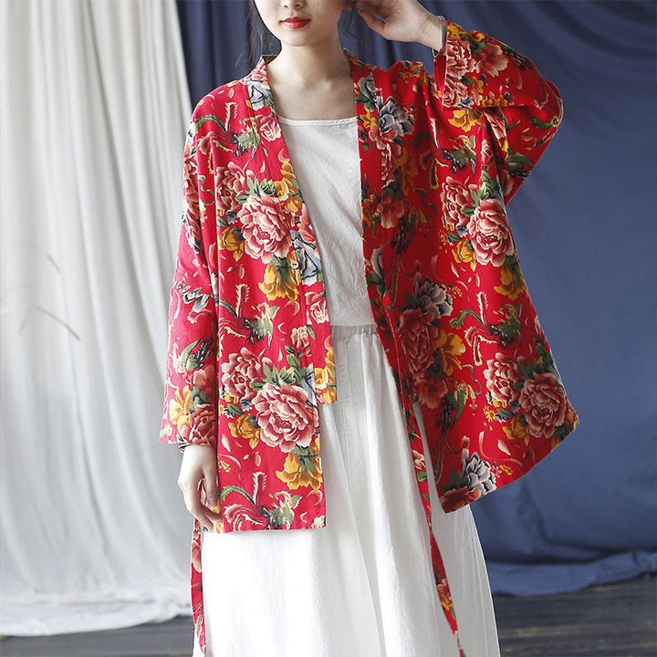 Chaqueta con cordones de lino y algodón con estampado de peonías y flores rojas del noreste de estilo étnico con Buddha Stones