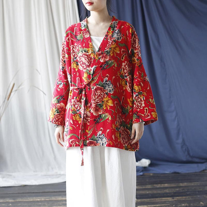 Chaqueta con cordones de lino y algodón con estampado de peonías y flores rojas del noreste de estilo étnico con Buddha Stones