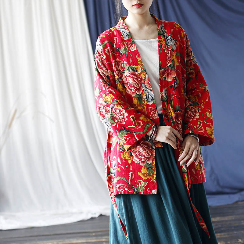 Chaqueta con cordones de lino y algodón con estampado de peonías y flores rojas del noreste de estilo étnico con Buddha Stones