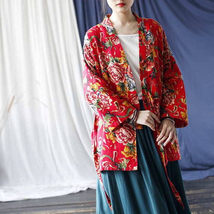 Chaqueta con cordones de lino y algodón con estampado de peonías y flores rojas del noreste de estilo étnico con Buddha Stones
