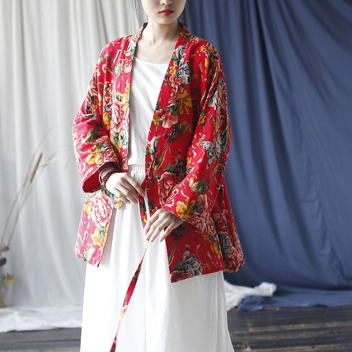 Chaqueta con cordones de lino y algodón con estampado de peonías y flores rojas del noreste de estilo étnico con Buddha Stones